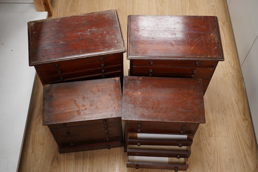 Four late 19th century stained pine collectors cabinets; two eight drawer cabinets and two six drawer cabinets, largest 45.5cm wide, 56cm high, 26.5cm deep. Condition - poor to fair.